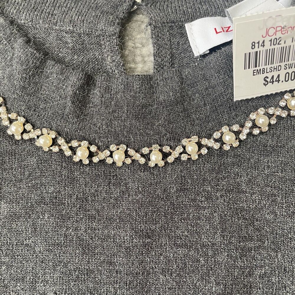 Liz Claiborne Sweater Womens XS Grey Crystal Pearl Detail Soft Knit Top NEW - Picture 4 of 9